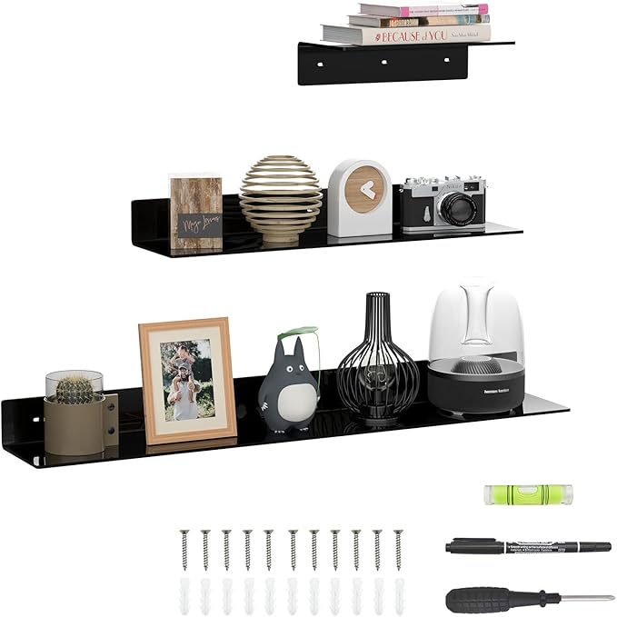 Black 12, 24 & 36 Inches Acrylic Floating Shelves, Black Multi Size Wall Shelves 36 24 12, Living Room Wall Décor Storage Shelves for Decorations, Plant Stands-NeatNest