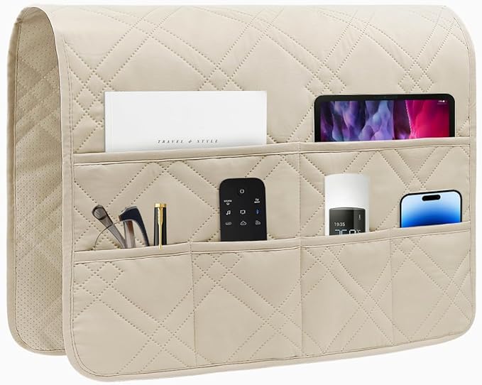 Couch Armrest Organizer Remote Control Holder Bedside Caddy with 6 Pockets, Non-Slip Armchair Caddy Sofa Armrest Organizer for Tv Remote Control, Magazine, Cell Phone, Beige-NeatNest