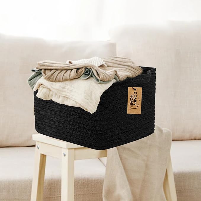 COMFY-HOMI Storage Basket for Shelves, Woven Baskets for Storage, Cotton Rope Basket,Toy Storage Organizer, Storage Cube Bin, Organization and Storage, Towel Baskets for Gift Empty, All Black-NeatNest