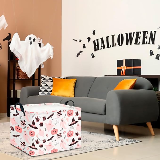 CLOCOR Rectangular Storage Basket Empty, Gift Basket for Halloween, Waterproof Storage Bin with Handles, Room Decor(Pink Bowknot Ghost)-NeatNest