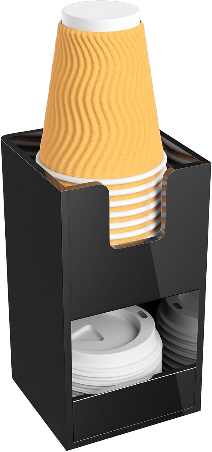 Coffee Condiment and Cup Organizer - 2-Tier Upright Cup and Lid Holder with Straw Organizer 2 Compartments Black Acrylic Cup Dispenser for Restaurant Breakroom Coffee Station Countertop-NeatNest