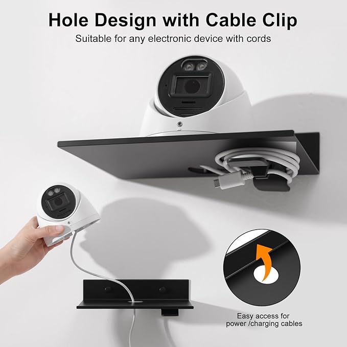 Small Floating Shelves, Adhesive Bluetooth Speaker Shelf, Renter Friendly Floating Corner Shelves with Cable Clip, Wall Mounted, Display Shelf for Smart Speaker, White, Aluminum, 6 inch, 2 Pack-NeatNest