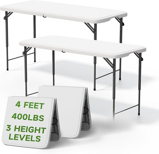 Folding Table 4 Foot - 3-Position Adjustable Height, Heavy Duty 400 lbs Capacity - Portable Tables Folding for Camping, Party, Indoor & Outdoor Use, 2 Pack-NeatNest