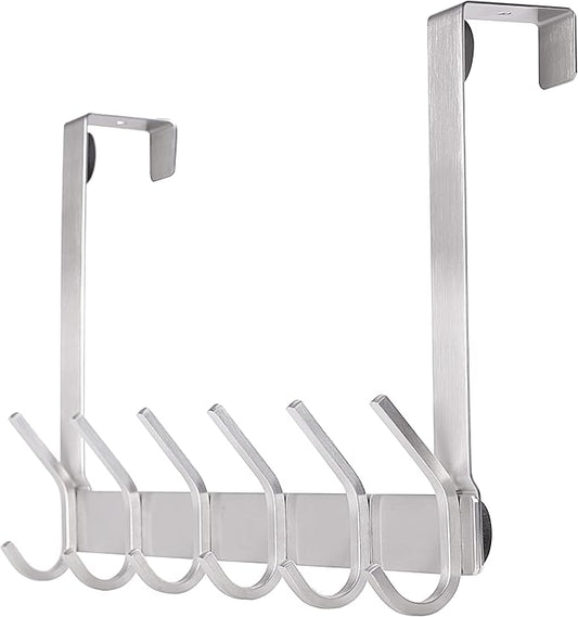 YUMORE Over The Door Hooks, SUS304 Stainless Steel Heavy Duty Door Hanger for Coats Robes Hats Clothes Towels, Hanging Towel Rack Organizer, Easy Install Space Saving Bathroom Hooks, Brushed Finish