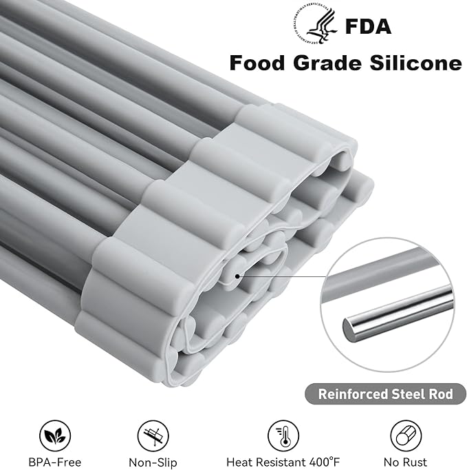 MERRYBOX Roll Up Dish Drying Rack, Silicone Wrapped Over The Sink Dish Rack Foldable Dish Drainer Anti-Slip Dish Racks for Kitchen Counter, Multipurpose Kitchen Sink Drying Rack, 18" x 13", Light Gray