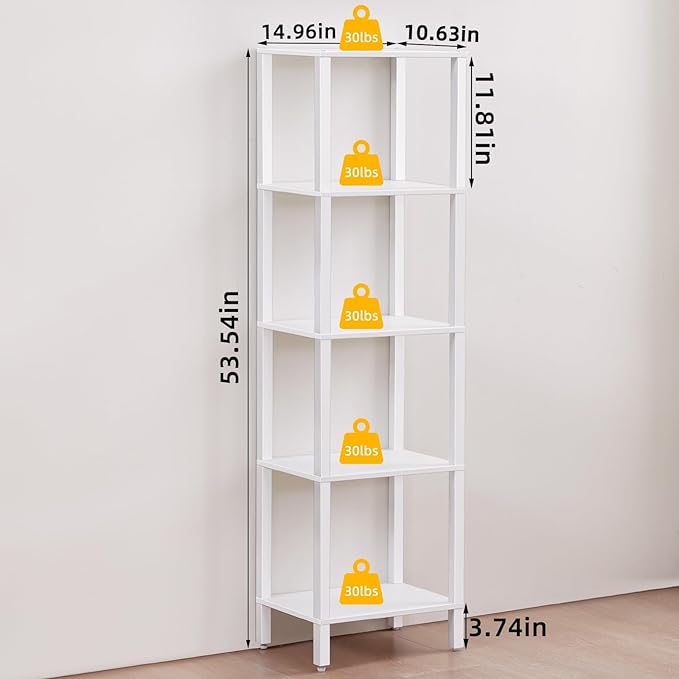 54in Tall Bookshelf 5-Tier Small Narrow Bookcase, Skinny Book Shelf for Small Space, Farmhouse Slim Shelf with Storage, Wood Freestanding Display Thin Bookshelves for Living Room, Office, White
