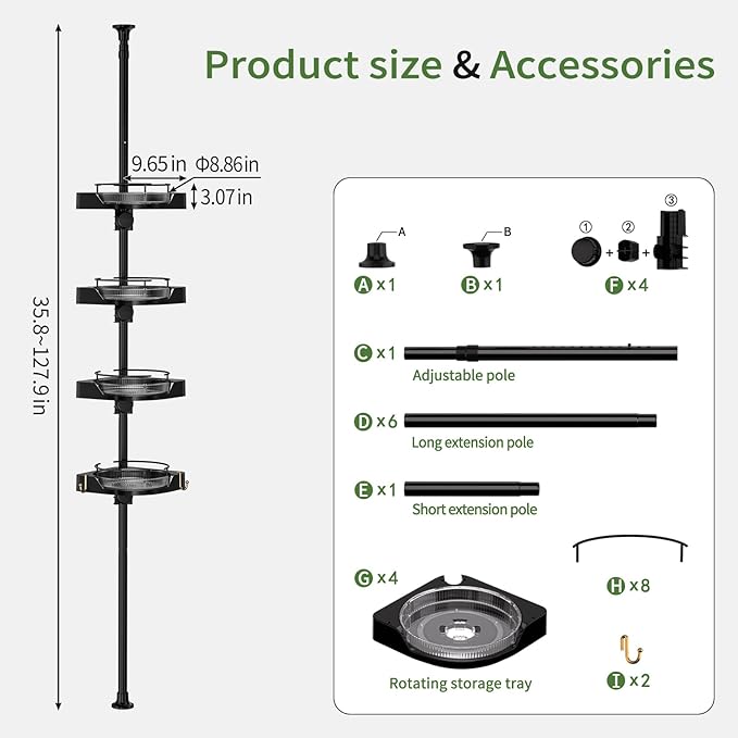 Tension Pole Shower Caddy with 4 L-Lazy Susan Organizer 360 Rotating 35-128 Inch No Drilling Floor Standing Shelves Adjustable Shower Rack for Bath Essentials (Black)