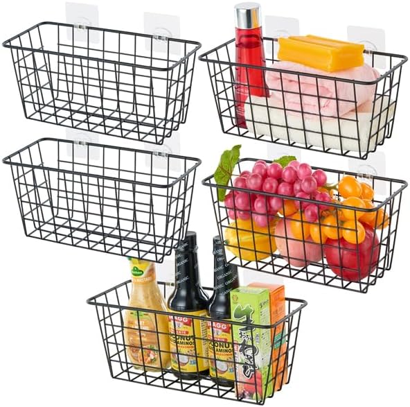 5 Pack Hanging Storage Basket, Bathroom Basket, Household Goods, with Traceless Tape, no Drilling, for Cabinet Storage, Kitchen, Bathroom, Storage Room,Black