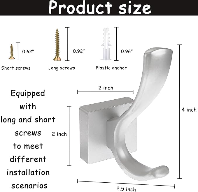 2 Pack Towel Holder for Bathroom Wall Hooks, Bath Towel Rack Shower Towel Holder, Robe Hook Heavy Duty Coat Hooks Entryway Wall Mounted for Hanging Key Robe Hat Backpack (Silver)