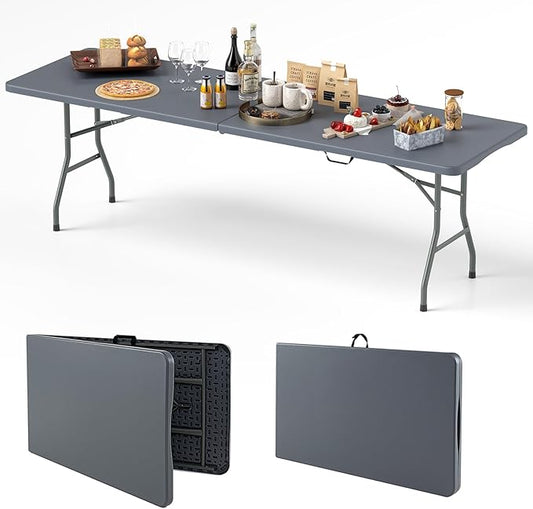 Goplus 8ft Plastic Folding Table, 350 LBS Outdoor Heavy Duty Folding Tables with HDPE Tabletop, Handle, Lock, Foldable Rectangle Portable Utility Card Table for Picnic, Party, Camping, Dining-NeatNest