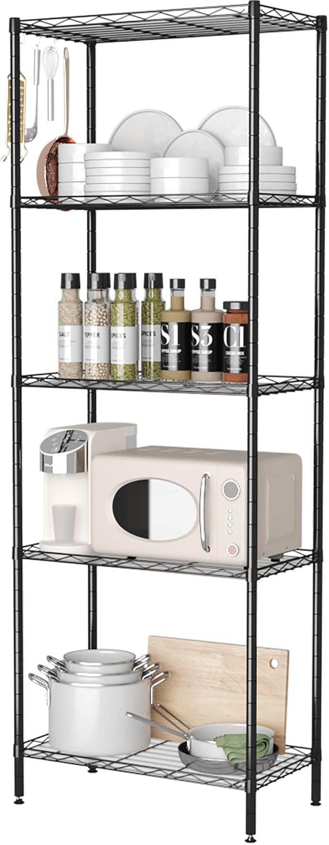 HOMEFORT 5-Shelving Unit, Adjustable Wire Shelving, Metal Wire Shelf Rack Organizer for Kitchen, Pantry, Closet, Bathroom, Laundry, Black,21" W x 11" D x 59" H