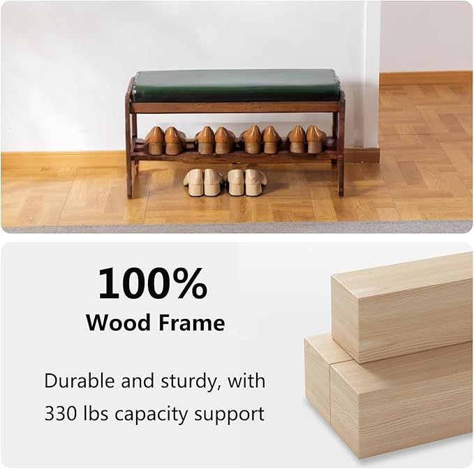 Solid Wood Shoe Bench, 2-Tier Wooden Entryway Bench, Modern Shoe Rack with Faux Leather Cushion for Hallway, Living Room (Green, 31.5'')