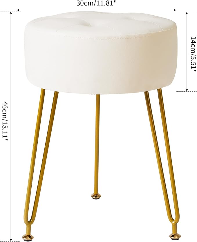 IBUYKE Faux Leather Round Footrest Stool, Makeup Vanity Stool Side Table, PU Dressing Table Seat, Pouf Couch Stool, Golden Steel Legs, White LG-31W