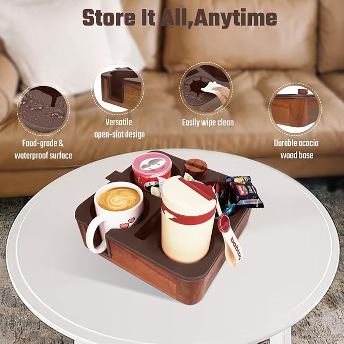 Couch Cup Holder Tray, Real Acacia Wooden Caddy with Soft Silicone, Snack and Drink Organizer- Perfect Movie Night Accessories for Bed, Remote and Cup Holders for Sofa (Coffee)-NeatNest