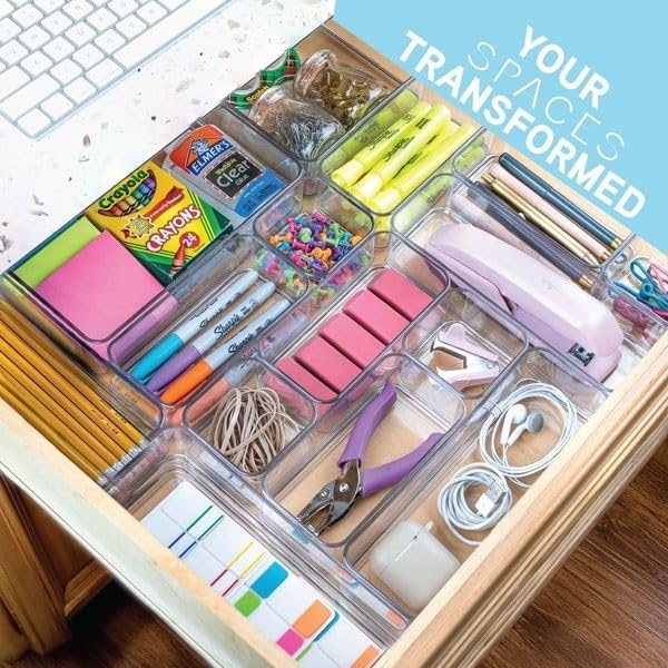 Fifteen Pieces. Plastic Clear Drawer Organizers. Bathroom, Kitchen, Bedroom, Utensils, Office Organizer Bins, Storage Trays. Heavy Duty, Stackable 5 Sizes.-NeatNest