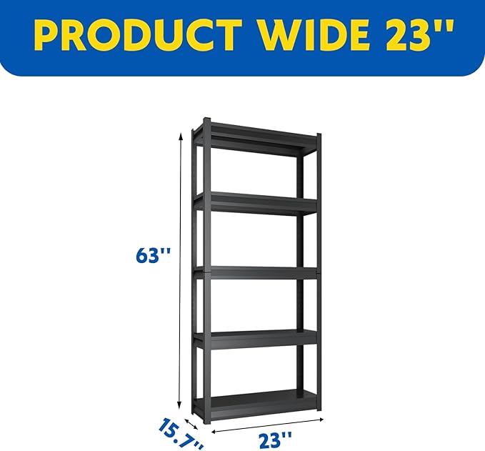 63''H Garage Shelving Heavy Duty, 1600LBS Storage Shelves, 5-Tier Adjustable Metal Shelve Storage Shelf Rack, Industrial Shelving Unit for Garage, Warehouse, Basement (23" W x 15.7" D x 63" H)-NeatNest