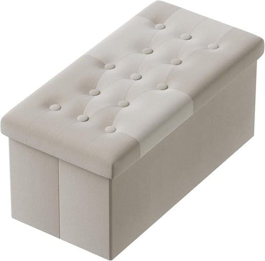 PRANDOM Extra Large Ottoman with Storage [1-Pack] Velvet Folding Small Square Foot Stool with Lid for Living Room Bedroom Coffee Table Dorm Beige 30.5x15x15 inches-NeatNest
