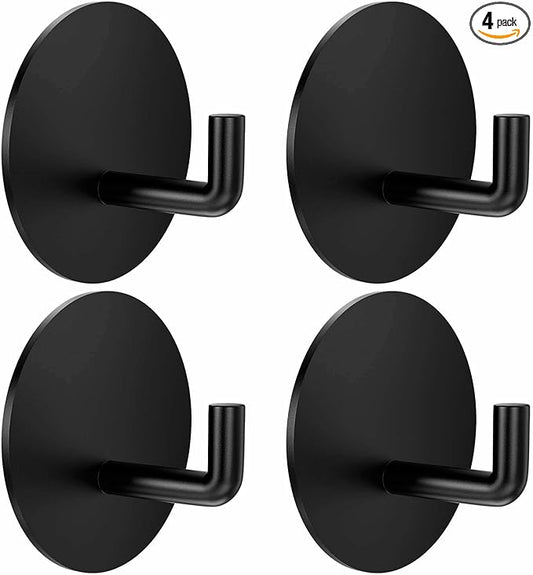 Adhesive Hooks Heavy Duty Stick on Hook Waterproof, Black Round Adhesive Hooks, Removable 304 Stainless Steel Wall Sticky Hooks 4 pcs