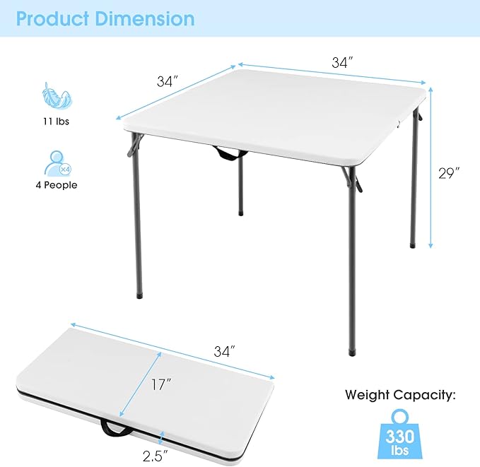 Goplus 34" Square Folding Card Table, Portable with Handle, White Indoor Outdoor Utility Table for Picnic, Party, Dining, Camping, BBQ-NeatNest