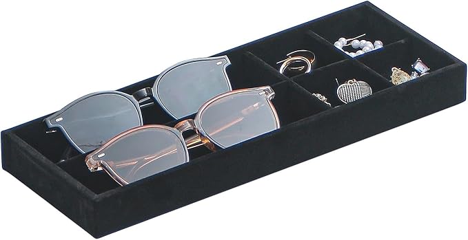 2Pcs Desk Drawer Storage Tray, Nightstand Organizer Tray, Necklace Bracelet Ring Earring Jewelry Display Tray, Grid Table Organizer Holder Tray for Sunglass, Phone, Watch, Perfume (6 grid)/Black-NeatNest