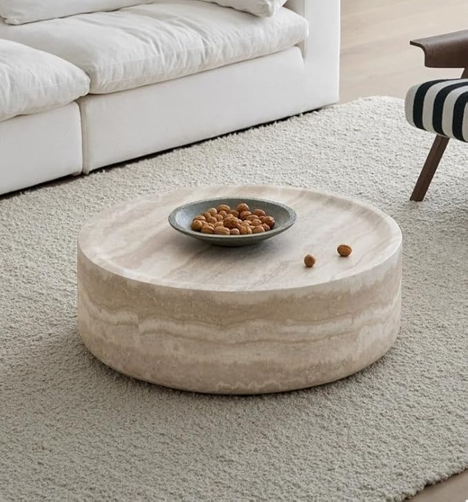 Marble Coffee Table, Modern Round Coffee Table, Circle Drum Coffee Tables, Fiberglass Center End Table for Living Room Apartment Office, No Assembly (35.43" Faux Marble)