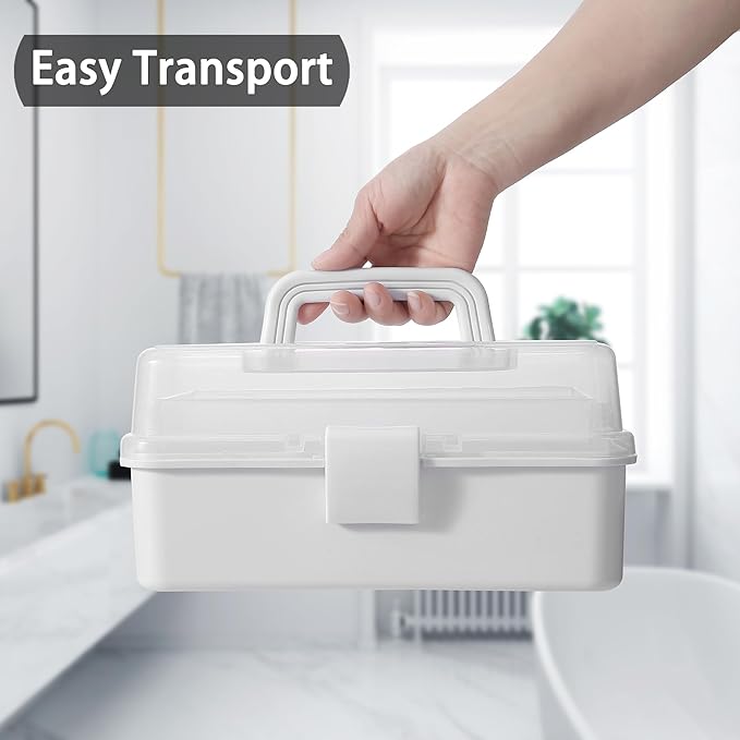 11(in) Versatile Three-Layer Folding Organizer Box,Ideal for Art & Crafts,Toys,Sewing Supplies,Jewelry and Tools,Storage with Dual Trays,Elegant White