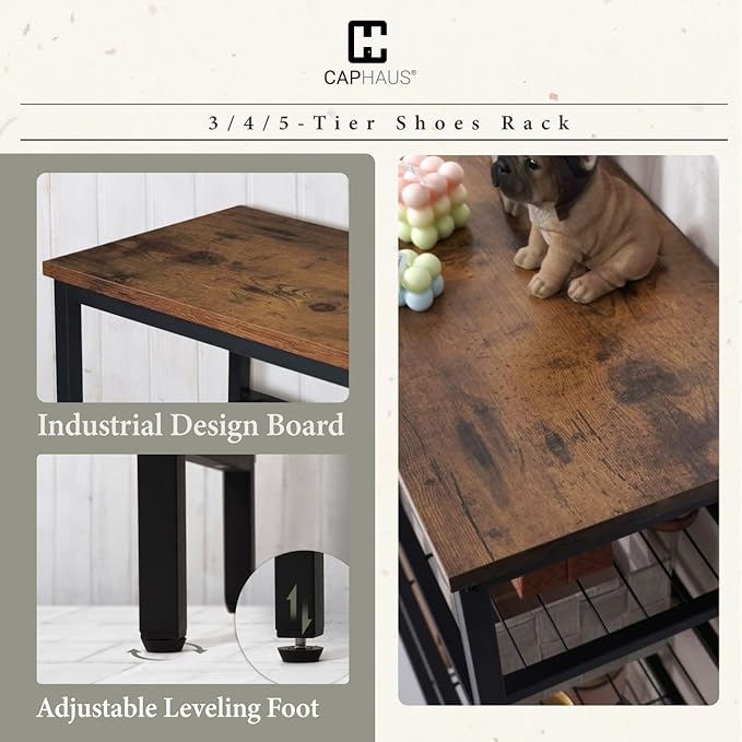 CAPHAUS 3-Tier Shoe Rack for Entryway, Mudroom Shoe Bench, Small Shoe Rack, Metal Shoe Shelf with Wood Board, Industrial Shoe Storage Table for Hallway, Living Room, Bedroom, Closet, Rustic Oak-NeatNest