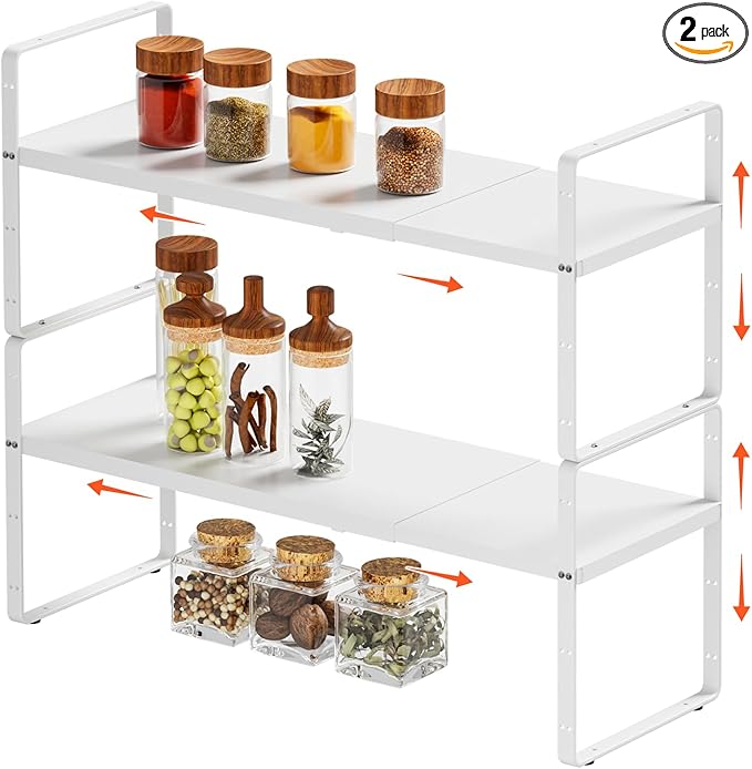 2Pack 16.5-27’’L Expandable Cabinet Countertop Shelf Organizer, Stackable Metal Shelves, Kitchen Organizers and Storage, White Storage Spice Rack for Pantry and Cupboard-NeatNest