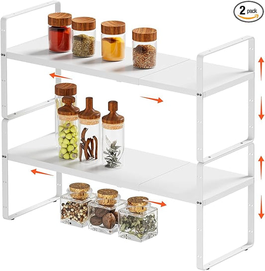 2Pack 16.5-27’’L Expandable Cabinet Countertop Shelf Organizer, Stackable Metal Shelves, Kitchen Organizers and Storage, White Storage Spice Rack for Pantry and Cupboard-NeatNest