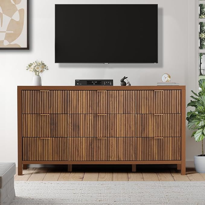 9 Drawer Dresser Cabinet, Long Nightstand with Drawers and Storage Cabinet, Farmhouse Solid Wood Dresser TV Stand, Mid Century Modern Nightstand with 9 Drawer Side Table for Bedroom Closet (Walnut)