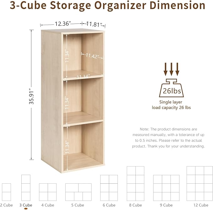 Wooden 3-Cube Storage Organizer with Closed Back Panel, 11in Cube Shelf Opening, Bookshelf, Display Shelf,Closet Cabinet for Home and Office,White Oak