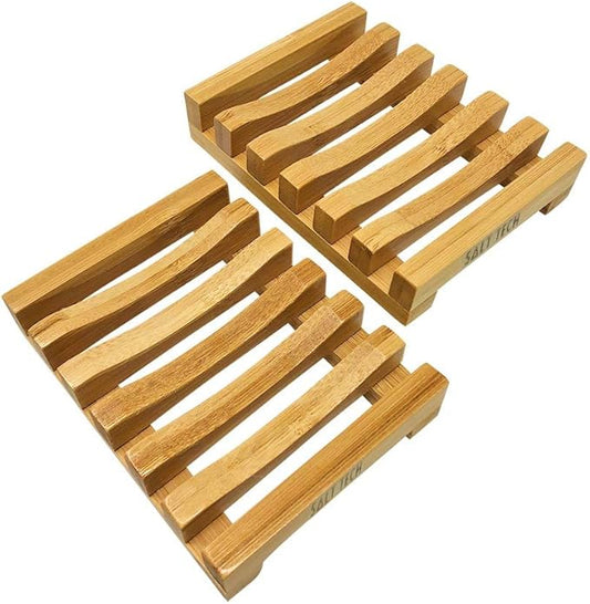 Bamboo Soap Dish, 2pc Rectangular, Light Brown, 3.4 x 4.5 inches, 0.14 pounds, Bathtub-NeatNest