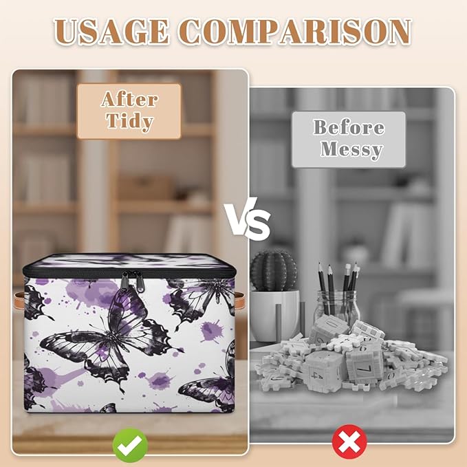 Butterfly Storage Bins with Zipper Lid, Watercolor Butterfly Lidded Storage Baskets Boxes Foldable Organizer with Leather Handles for Clothes Closet Shelf Toys-NeatNest