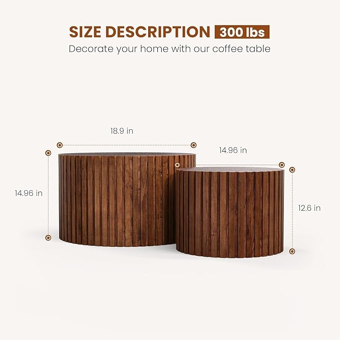 Round Nesting Coffee Table Set of 2 Circle Nested Coffee Tables Modern Fluted Coffee Table Set of 2 Wooden Drum End Side Tables for Living Room Bedroom Small Spaces (Brown Small)