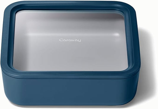 Caraway Glass Food Storage, 10 Cup Glass Container,Ceramic Coated Food Container,Easy to Store, Non Toxic, Non Stick Lunch Box Container with Glass Lids. Dishwasher, Oven,Square Shape,Navy-NeatNest