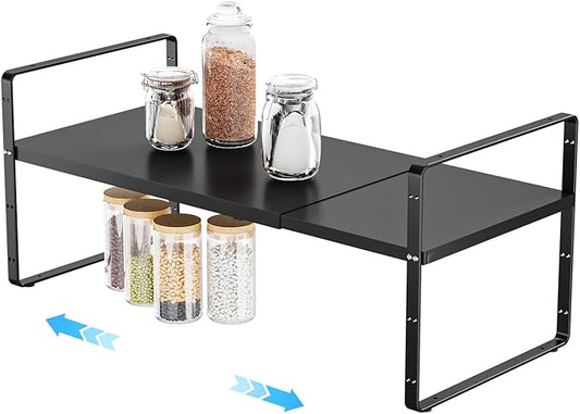 16.5-27’’L Expandable Stackable Cabinet Shelves, Adjustable Spice Rack Cabinet Shelf Organizer for Kitchen, Countertop, Pantry and Cupboard, Black-NeatNest