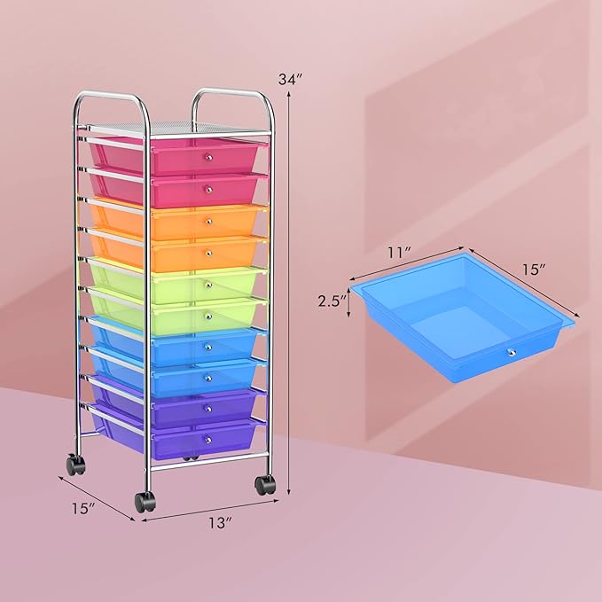 COSTWAY 10-Drawer Rolling Storage Cart, Utility Mobile Trolley with Removable Drawers & Universal Casters & 2 Brakes, Versatile Flexible Drawer Organizer Cart for Home, Office (Rainbow)-NeatNest