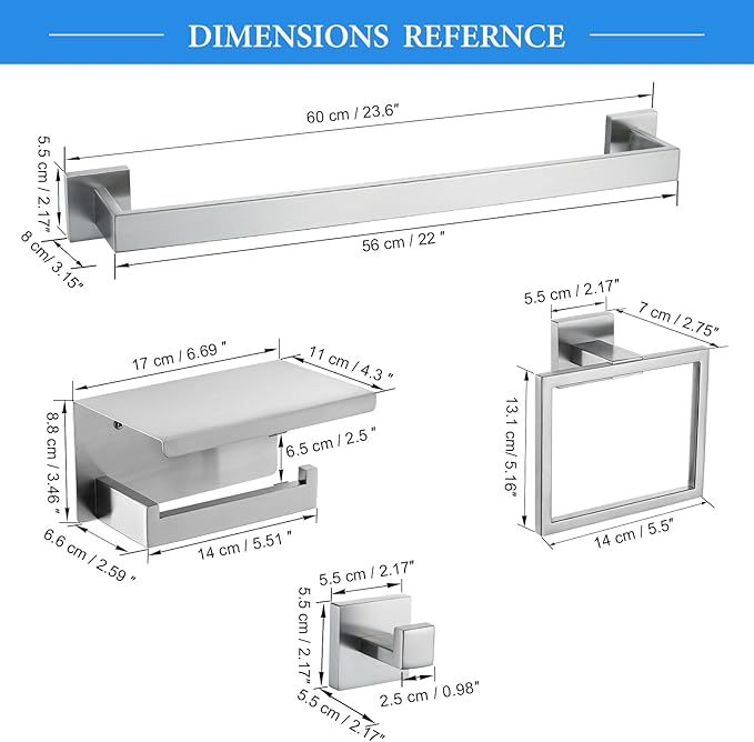 Brushed Nickel Bathroom Towel Bar Set Bathroom Accessories Hardware Set Including Double Towel Bar Towel Ring Coat Hook and Toilet Paper Holder with Shelf. Wall Mounted Stainless Steel-NeatNest