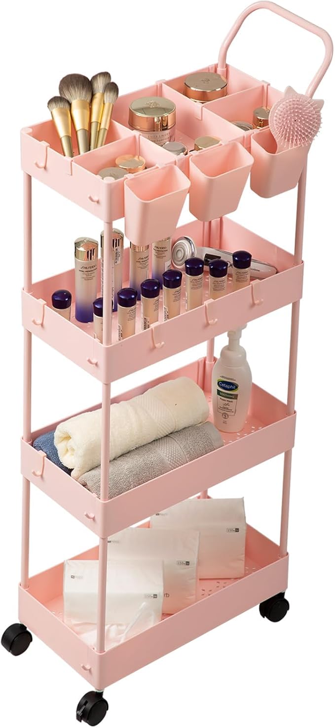 danpinera Slim Storage Cart, 4 Tier Bathroom Organizer Narrow Laundry Cart with Wheels Dividers Hanging Cups Hooks Handle Makeup Lash Cart Shelf Organizer Rack Unit Easy Assembly, Pink