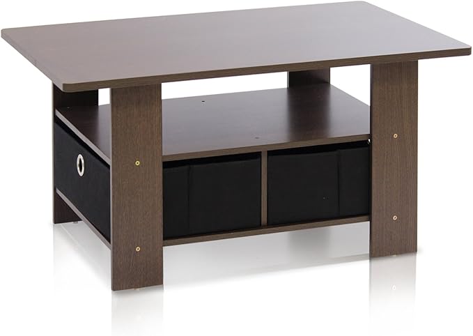Furinno Coffee Table with Bins, Dark Brown/Black-NeatNest