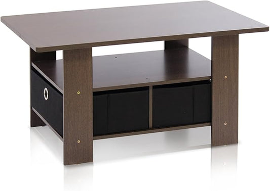 Furinno Coffee Table with Bins, Dark Brown/Black-NeatNest