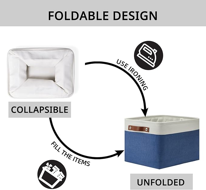 DULLEMELO Fabric Storage Basket for Closets,15x11x9.5 inch Foldable Storage Basket Bin with Handles for Office, Closet,Bedroom (White&Blue,1 Pack)-NeatNest