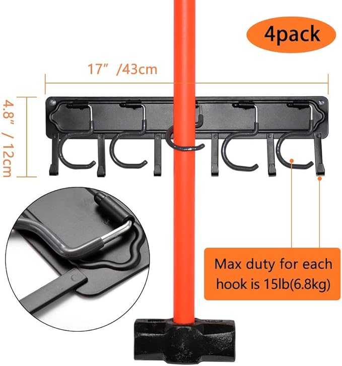YueTong 68" All Metal Garden Tool Organizer,Adjustable Garage Wall Organizers and Storage,Heavy Duty Wall Mount Holder with Hooks for Broom,Rake,Mop,Shovel(4 Pack)