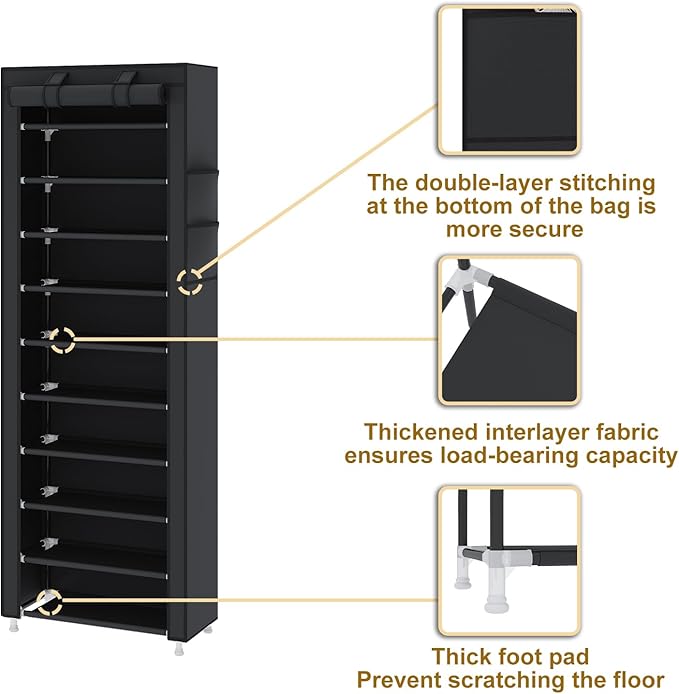 UDEAR 10-Tier Free Standing Shoe Rack Sturdy Shoe Rack Organizer for Closet Entryway Stackable Shoe Shelf with Dustproof Cover,Black-NeatNest