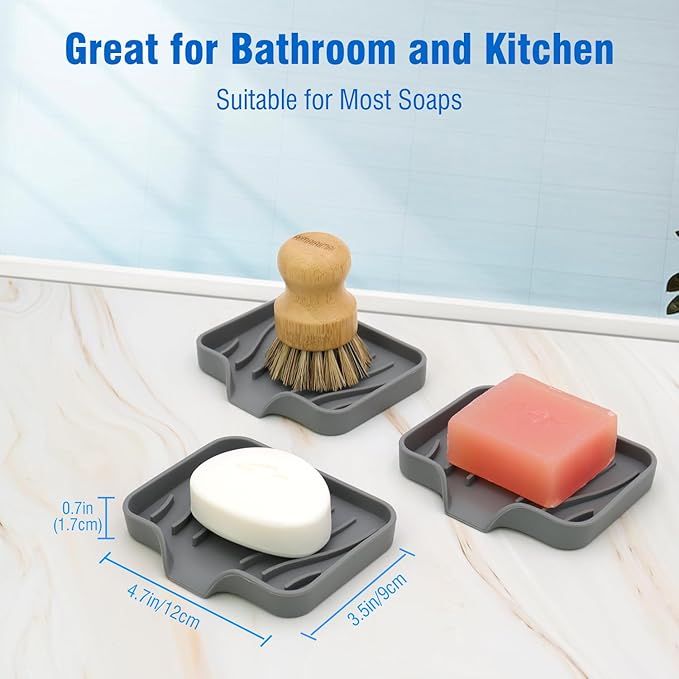 3-Pack Silicone Soap Dish Bar Soap Holder, Self Draining Soap Tray for Shower, Bathroom, Kitchen, Bathtub (Grey)-NeatNest
