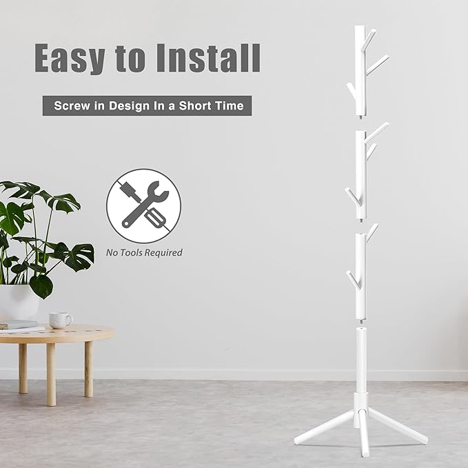Wooden Coat Rack, Free Standing Coat Rack with 8 Hooks 3 Adjustable Heights for Clothes, Hats, Handbags, Coat Tree Easy Assembly for Entryway, Bedroom, Hallway, Office (New White)-NeatNest