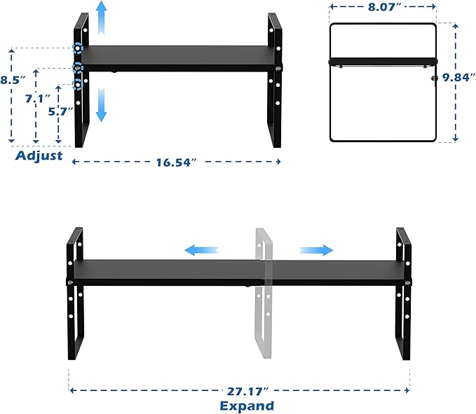 Slideep Adjustable Shelf Rack Height Cabinet Shelf 16.54'' to 27.17'', Expandable Cabinet Shelf Cupboard Stand Kitchen Bathroom Pantry Cupboard Home Office for Cups, Dishes, Plates - Black