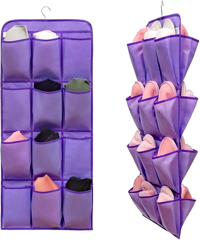 Dual Sided Hanging Shoe Organizer for Closet with 24 Large Pockets Hanging Shoe Rack Holder with Rotating Hanger (PURPLE)-NeatNest