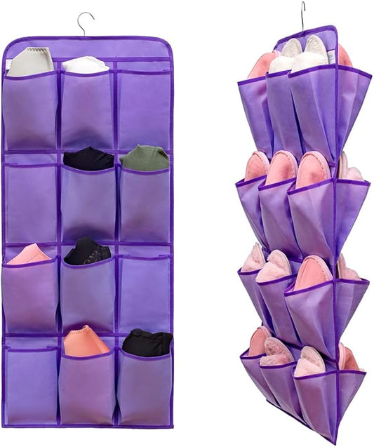 Dual Sided Hanging Shoe Organizer for Closet with 24 Large Pockets Hanging Shoe Rack Holder with Rotating Hanger (PURPLE)-NeatNest
