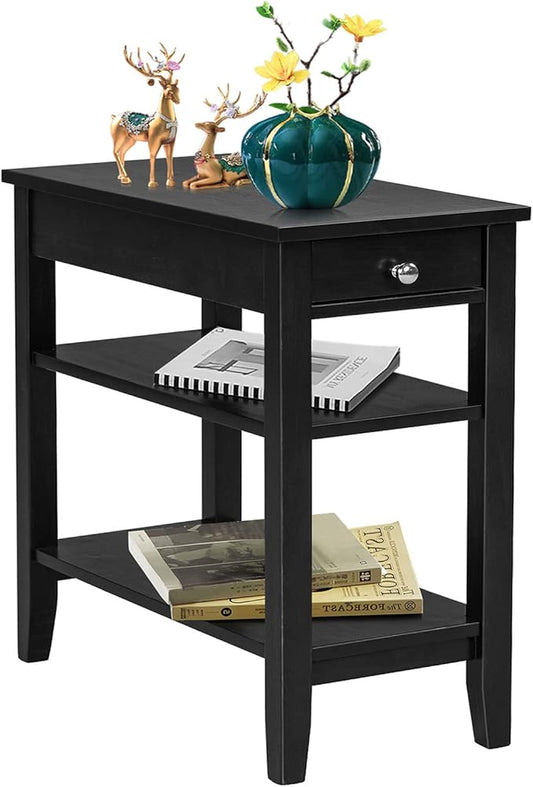 Giantex End Table with Drawer, Narrow Side Table with 2-Tier Open Storage Shelves, Slim Side End Table Compact Nightstand Bedside Table for Living Room Bedroom Small Space, Black